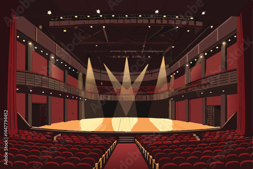 A moody, atmospheric image of an empty theater stage with rows of unoccupied seats, bathed in dramatic low light.  The stage is bare, suggesting anticipation or aftermath.