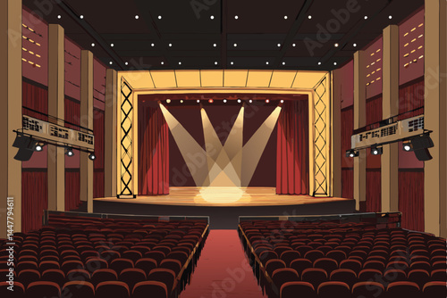 A moody, dimly lit theater stage, empty except for rows of unoccupied seats, suggesting anticipation or a post-performance atmosphere.