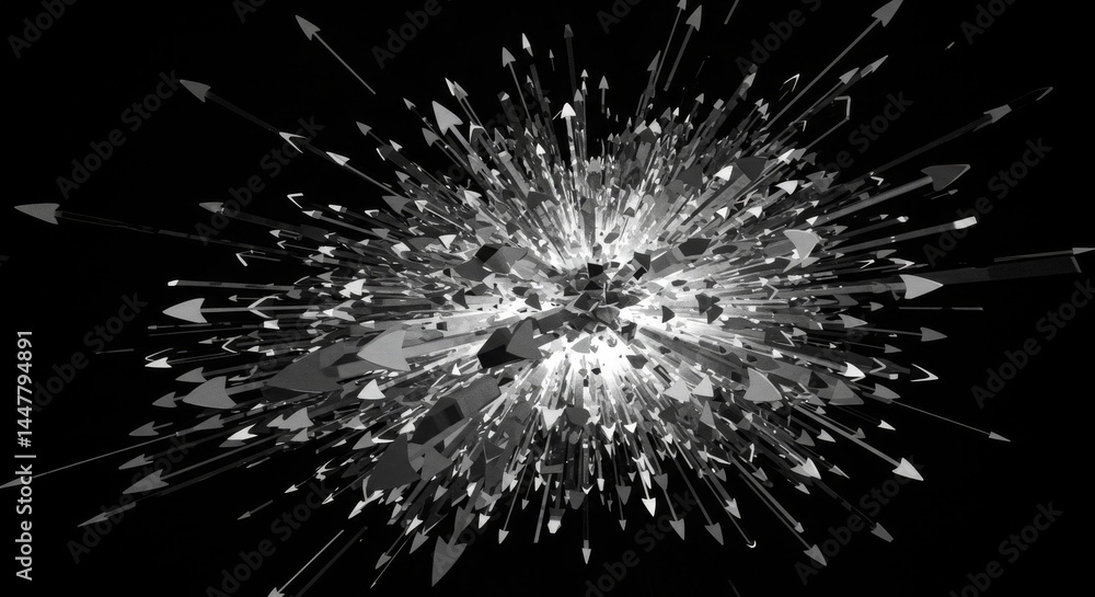 Arrows Explosion - Abstract illustration of exploding arrows and geometric lines, symbolizing information flow, big data, connectivity, innovation, and technology Arrows Explosion - Abstract illustration of exploding arrows and geometric lines, symbolizing information flow, big data, connectivity, innovation, and technology