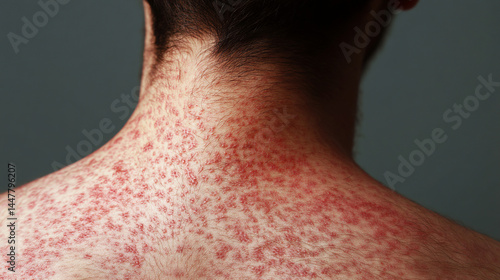 A close-up of a person's back covered in severe allergic hives, showing red, inflamed, swollen skin with a bumpy texture, representing a severe allergic reaction or skin condition. allergic reaction, 