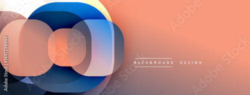 Abstract geometric shapes overlap, creating vibrant color gradients. Peach background complements cool blue tones. Modern design element.