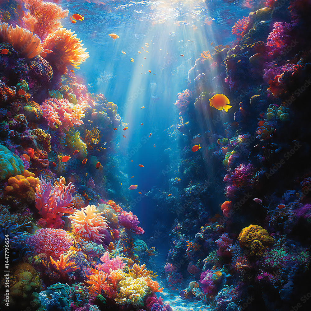 Fototapeta premium A breathtaking, ultra-realistic underwater scene featuring a vibrant coral reef teeming with colorful marine life. Schools of fish swim gracefully among the corals