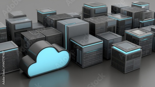 Modern data center serverless functions, hybrid cloud infrastructure visualized - computing cloud deployment availability