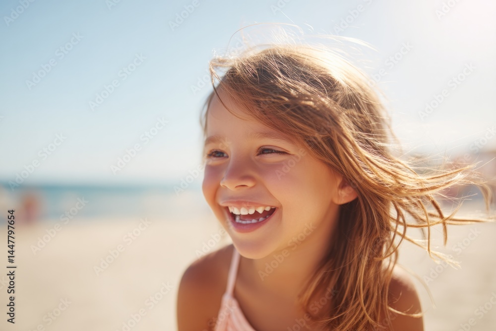 child laughing joyfully at sunny beach background gently blurred child laughing joyfully at sunny beach background gently blurred