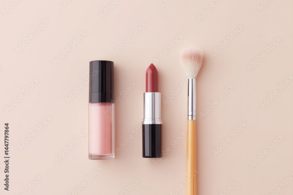 Obraz premium clean minimalistic image showcasing daily makeup essentials arranged neatly on light-colored surface