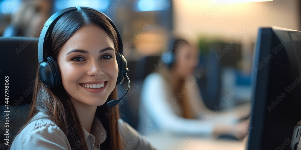 Smiling woman wearing headset in modern office environment, representing job satisfaction and diversity. Smiling woman wearing headset in modern office environment, representing job satisfaction and diversity.
