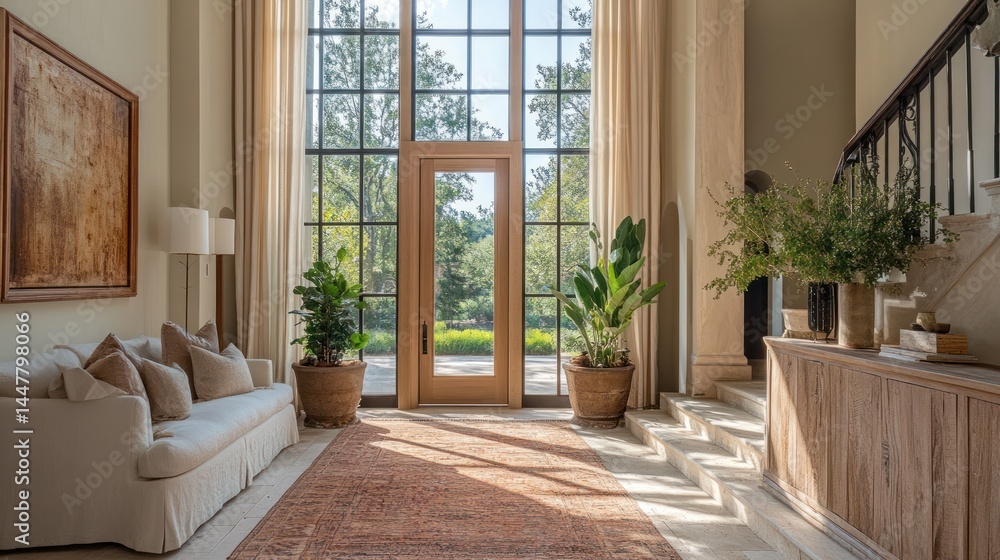 Fototapeta premium Sophisticated, sun-drenched entryway with modern farmhouse design.