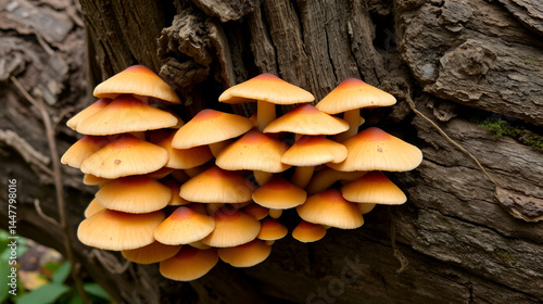 A bunch of mushrooms on an old dead tree trunk