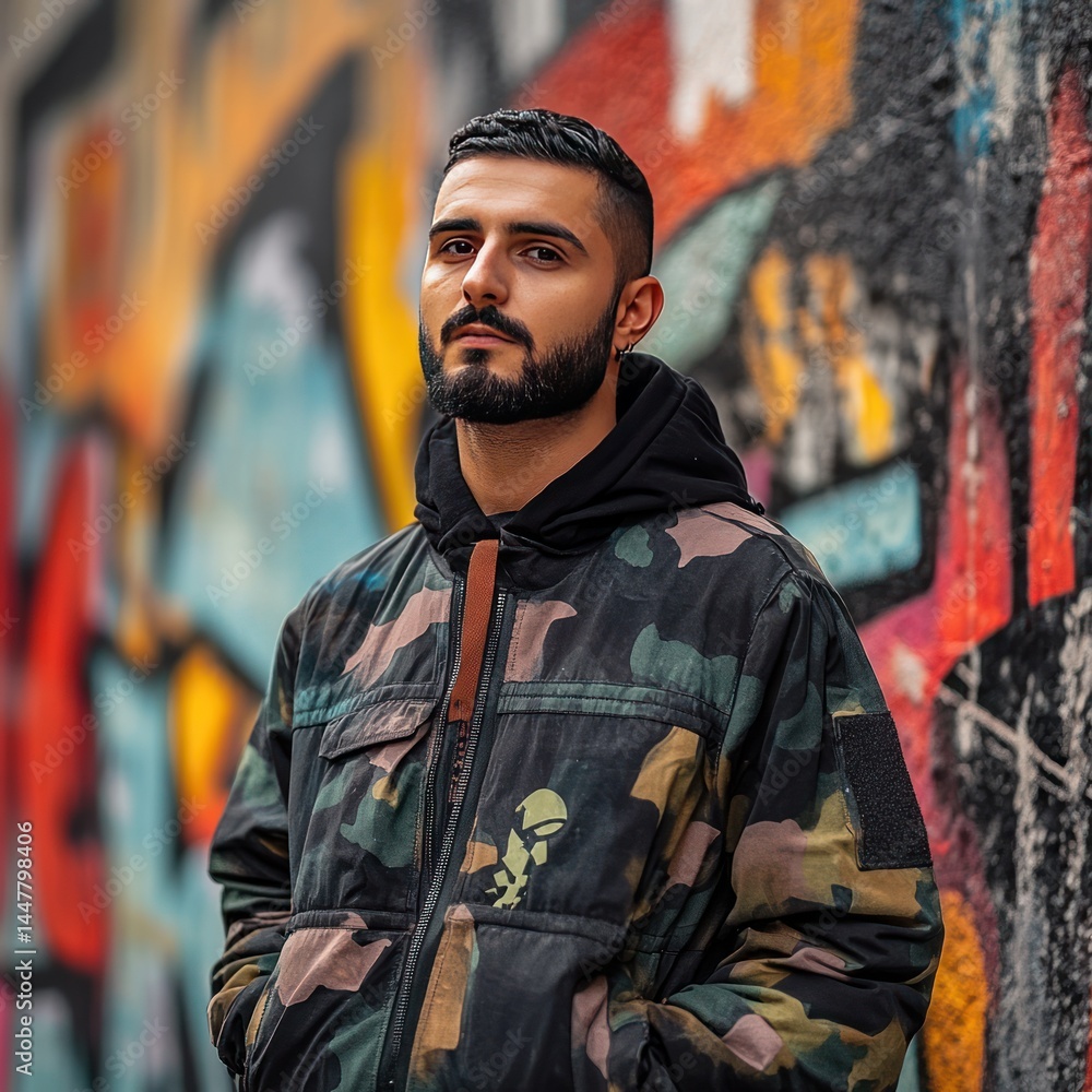Fototapeta premium Urban portrait of a man in a camouflage jacket.