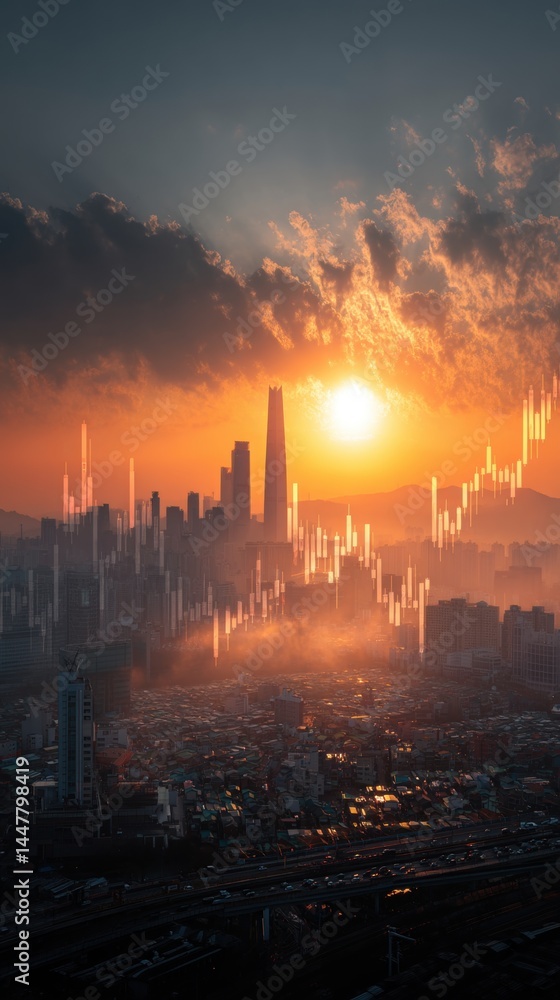 Fototapeta premium Cityscape with Financial Chart Overlay at Sunset