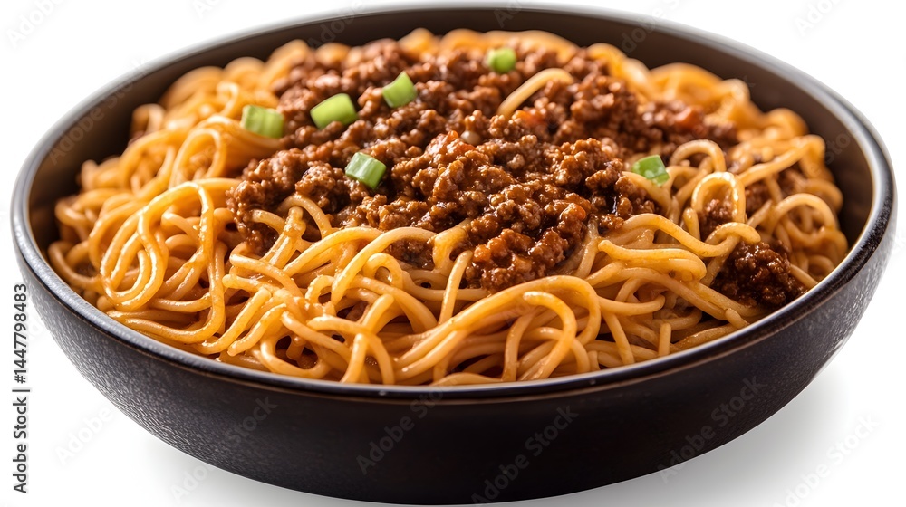 A delicious bowl of savory spaghetti topped with seasoned ground beef and fresh green onions is ready to be enjoyed. A delicious bowl of savory spaghetti topped with seasoned ground beef and fresh green onions is ready to be enjoyed.