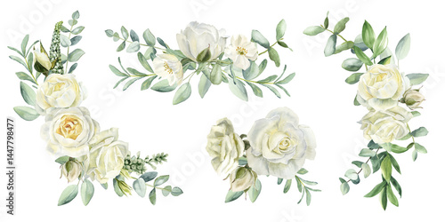 Set of watercolor white roses bouquets. Soft white rose frame with green leaves and eucalyptus. Ideal for elegant invitations, stationery design, branding, and DIY paper crafts.