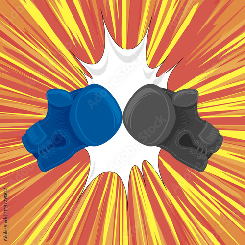 Vector boxing gloves on burst red yellow background. Symbol of boxing day.