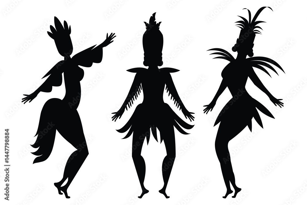 Fototapeta premium silhouette of a samba dancer. Silhouette of Brazilian Carnival women. Vector illustration. Beautiful women in costumes with pearls. silhouette isolated on a white background.