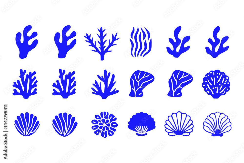Set of Coral and Seashell Silhouettes, Marine Vector Icons Featuring Various Coral Shapes, Spiral Shells, Sea Fans, and Ocean-Inspired Decorative Elements. Set of Coral and Seashell Silhouettes, Marine Vector Icons Featuring Various Coral Shapes, Spiral Shells, Sea Fans, and Ocean-Inspired Decorative Elements.
