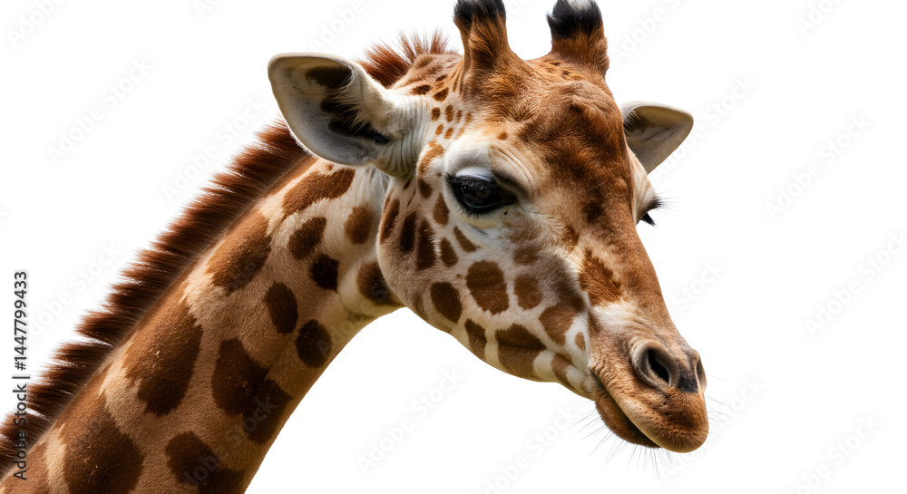Elegant Giraffe Portrait with Detailed Spots Isolated on White Background in Natural Sunlight Elegant Giraffe Portrait with Detailed Spots Isolated on White Background in Natural Sunlight