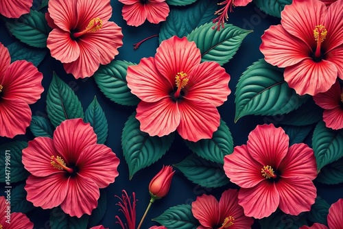 Wallpaper Mural Bold hibiscus motifs, repeating design, rich color palette, fabric texture, Hibiscus flower Torontodigital.ca