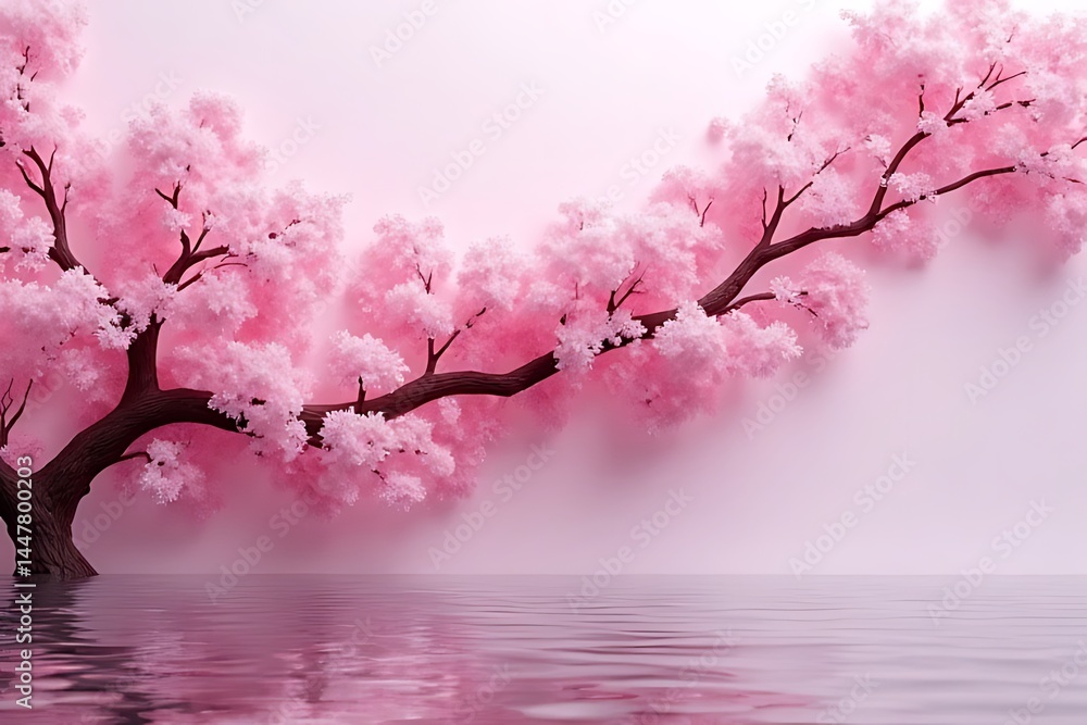 Fototapeta premium Blossoming cherry tree reflection tranquil lake nature photography serene environment close-up