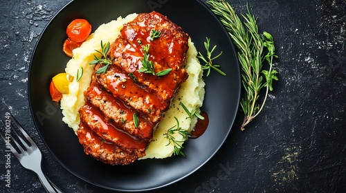 Sliced meatloaf tomato glaze served mashed potatoes a black textured background Traditional USA dinner hearty and nostalgic rustic comfort food presentation cut out on isolated transparent background