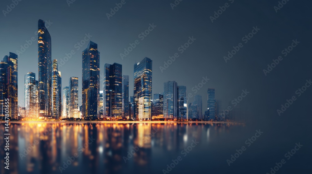 Obraz premium Nighttime Cityscape with Illuminated Skyscrapers Reflected in Water