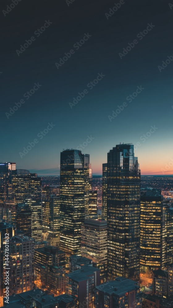 Naklejka premium Downtown Cityscape at Dusk with Illuminated Skyscrapers