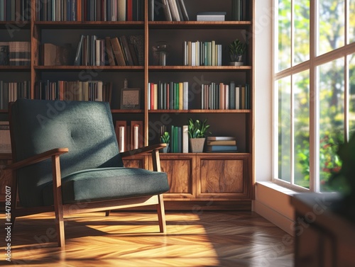 Vintage office with wooden bookshelves filled with books, featuring a green rocking chair and a comfortable reading nook by the window.