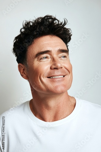 Creative of style for aging men. A relaxed man looking serene in his portrait. Pure white solid background. Classy men's classic short back and sides haircut - midlife white man with hair.