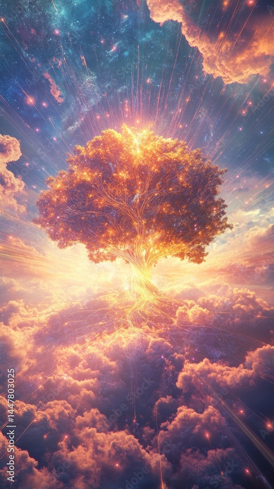 Fototapeta premium A glowing tree emerging from clouds with a radiant light source