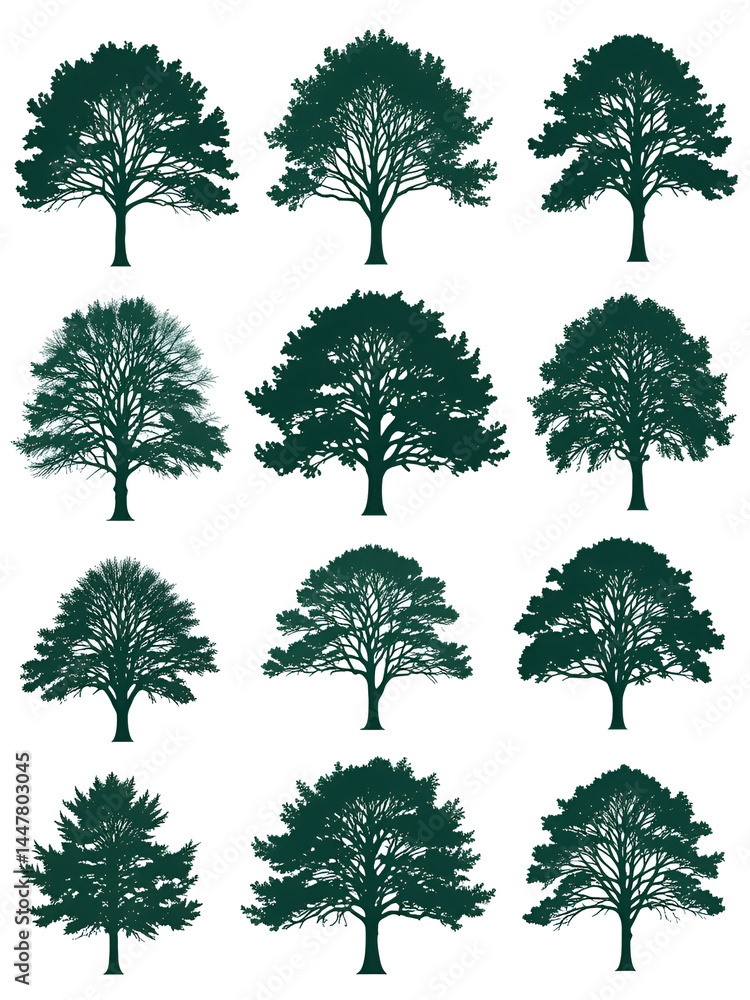 Fototapeta premium Various deciduous trees silhouettes on the white background. Evergreen. Illustration