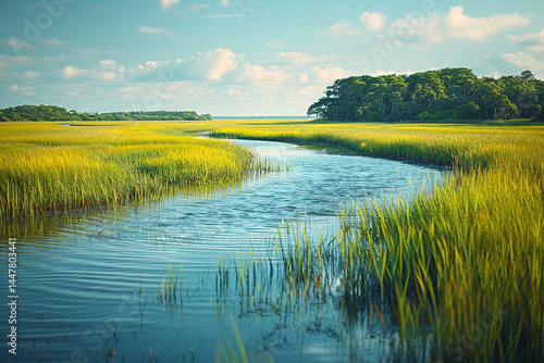 Vibrant depiction showcases unique salt marsh ecosystem with brackish waterways, thriving coastal flora, and harmonious interplay of land and sea in a visually captivating manner    