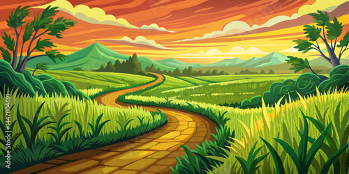 Sunset of winding dirt path through lush green grass, inviting exploration and connection with nature