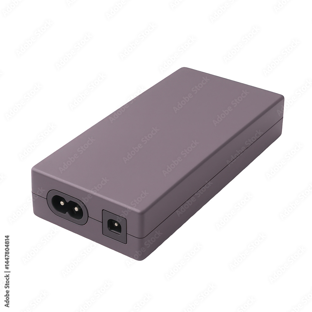 This compact rectangular electronic power supply unit features its easily identifiable power inlet and barrel connector ports. This compact rectangular electronic power supply unit features its easily identifiable power inlet and barrel connector ports.