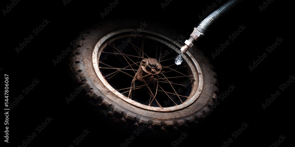 Fototapeta premium Muddy Tire with Water Hose and Spoked Wheel