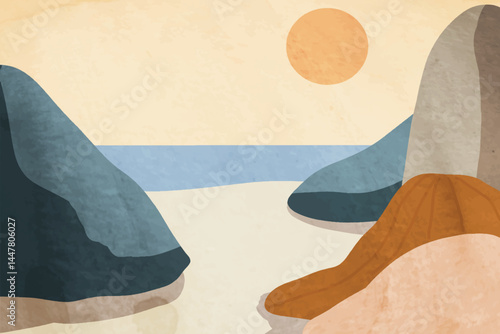 Watercolor minimalist style stone beach illustration design template with simple hand drawn style