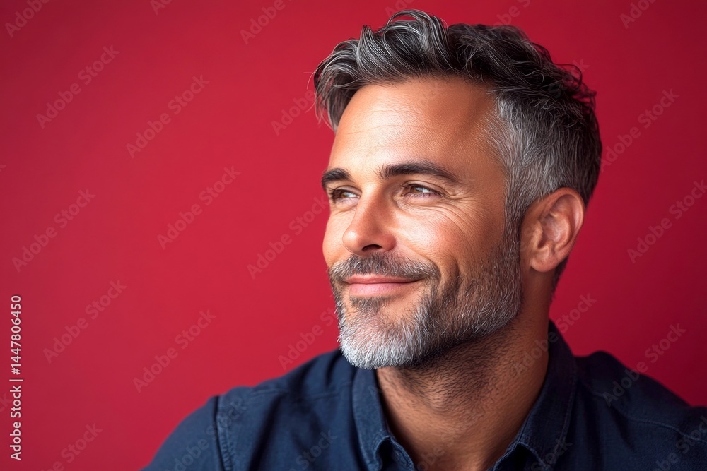 Visual idea of style for aging men. Classy men's high and tight haircut - midlife white man with grey hair. Red solid background. A studio shot capturing the essence of a modern man.