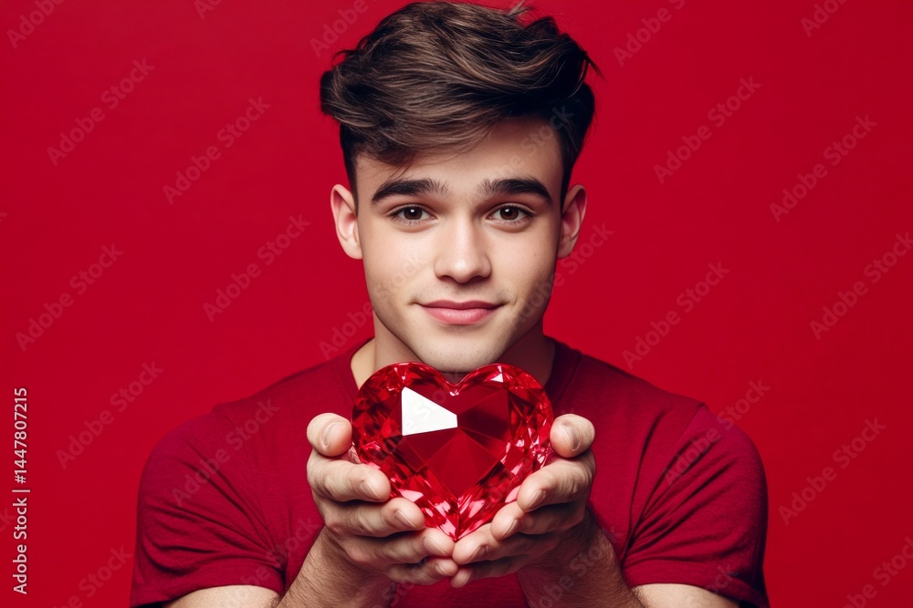 Isolated white adult man on red background with diamond heart in hands. Cute Valentine's Day greeting. Professional studio image, copyspace.