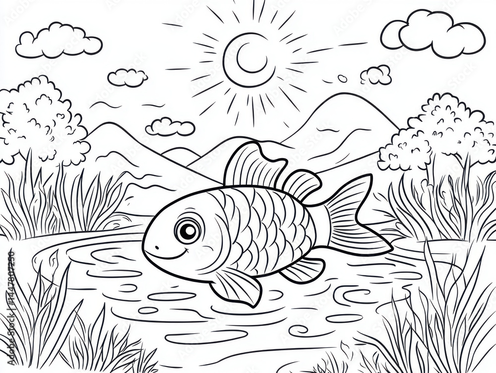 Fototapeta premium A charming line art illustration in a coloring book style featuring a cute, cartoon fish swimming in a small pond