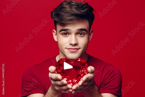 Obraz na płótnie Isolated white adult man on red background with diamond heart in hands. Cute Valentine's Day greeting. Professional studio image, copyspace. w salonie