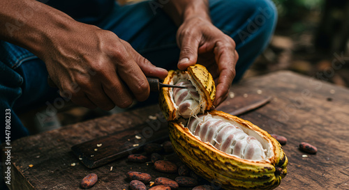 Closeup view of a cacao pod being opened showcasing the raw materials for chocolate highlighting the cultivation process