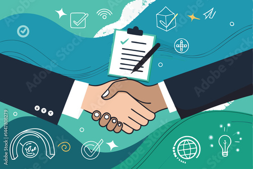 Create a vibrant vector illustration depicting a successful business handshake between two diverse colleagues, showcasing trust and collaboration.