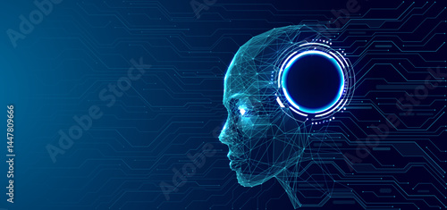 An abstract humanoid robot face with a circle light neon HUD element into a head. Digital brain concept. AI agent or asisstent. Artificial Intelligence cyborg. Technology blue vector illustration.