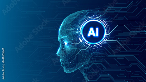 Abstract digital woman cyborg face. Side view. AI chip or processor in a head. Circuit wires flow into an artificial intelligence silhouette. Machine learning innovation concept. Futuristic background