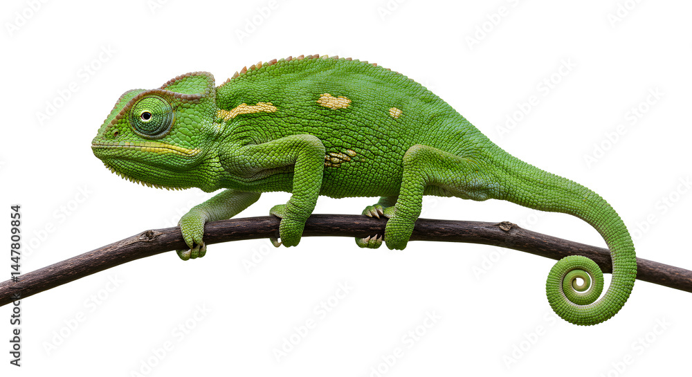 Vibrant Green Chameleon Perched on a Twig Isolated on White Background Displaying Scales and Textured Skin Details Vibrant Green Chameleon Perched on a Twig Isolated on White Background Displaying Scales and Textured Skin Details
