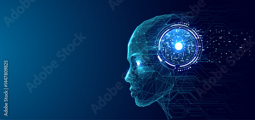 Abstract digital humanoid robot head with a quantum futuristic processor. Side view. Bright light circle neon sky-fi chip. AI brain concept. Cyborg face with glowing semiconductor in a head. Tech bg.