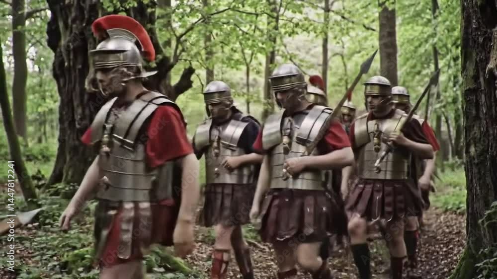 Una cohorte romana atravesando un bosque escena que recuerda la marcha hacia la batalla del bosque de Teutoburgo. Una cohorte romana atravesando un bosque escena que recuerda la marcha hacia la batalla del bosque de Teutoburgo.