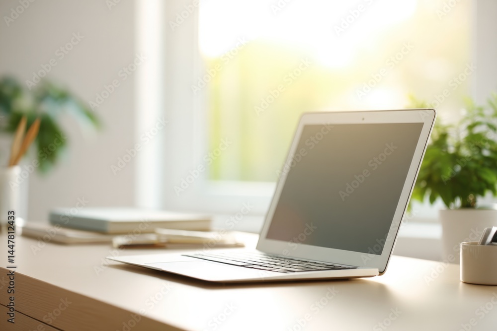 Fototapeta premium open laptop on clean empty desk with minimalist office supplies large window softly lighting area