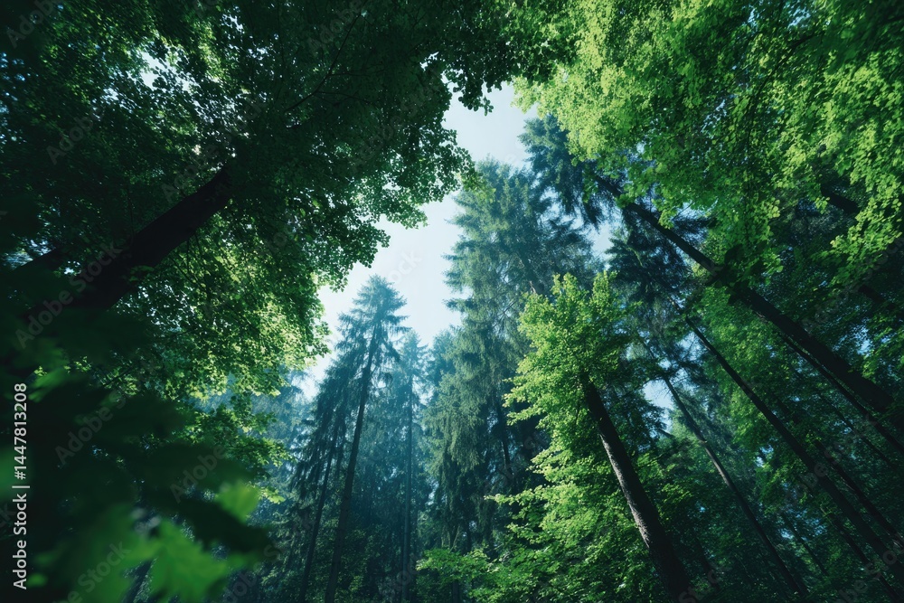 Fototapeta premium capture minimalistic scene of foliage and towering trees in expansive forest with sunlight streaming through highlighting