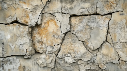 Close-up View of a Rough Textured Cracked Wall with Variations in Gray and Beige Colors