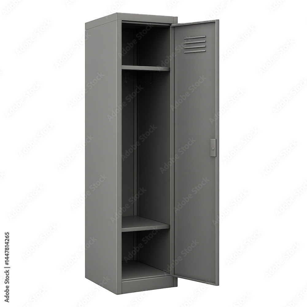 A single grey metal locker stands open, displaying its secure compartments for personal storage and organization. A single grey metal locker stands open, displaying its secure compartments for personal storage and organization.