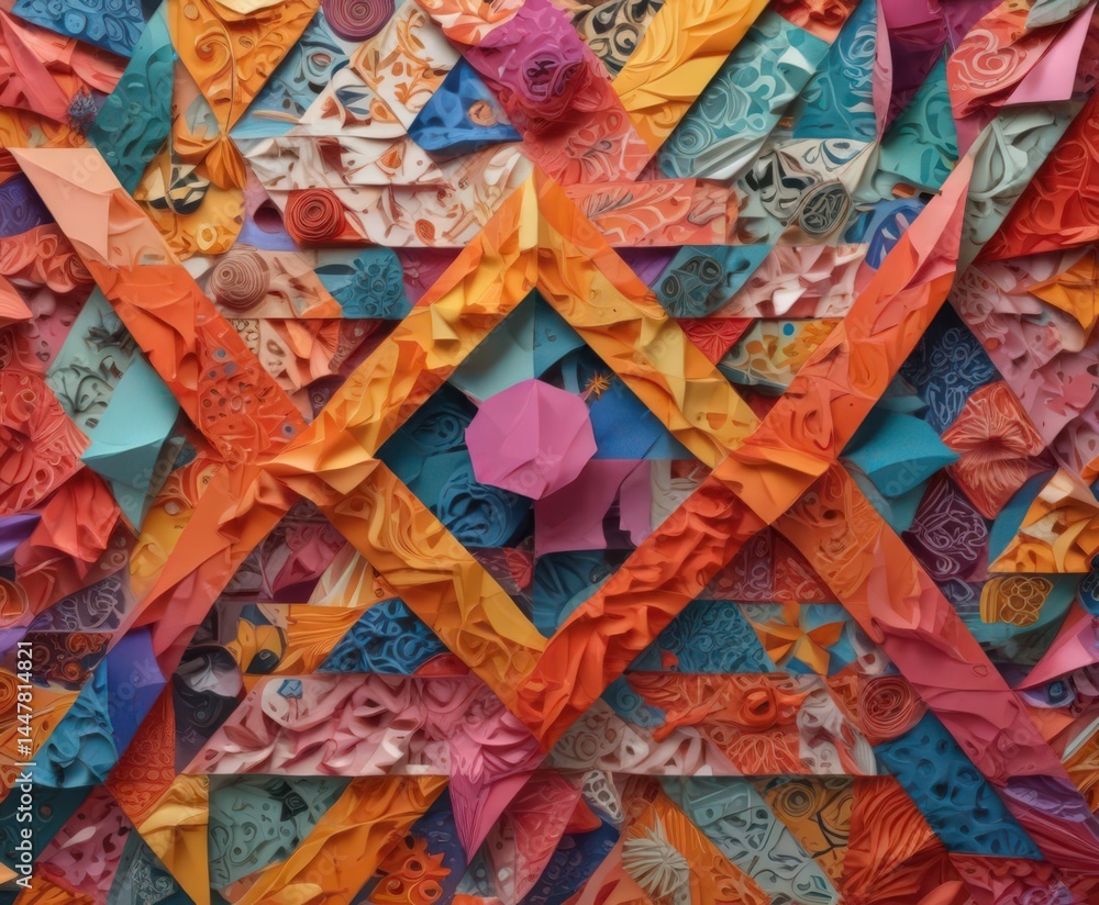Intricate colorful paper collage, geometrically arranged, bright, design Intricate colorful paper collage, geometrically arranged, bright, design